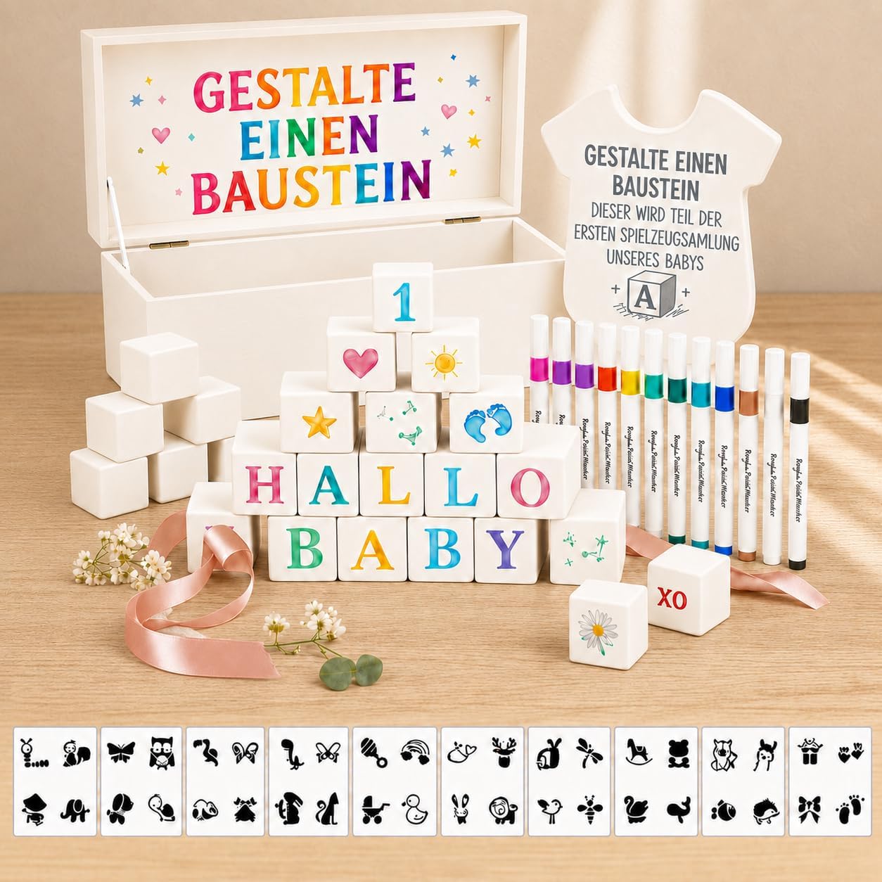 Smbrige Babyparty Spiele-Set mit Holzwürfeln, Acrylstiften und Motivschablonen